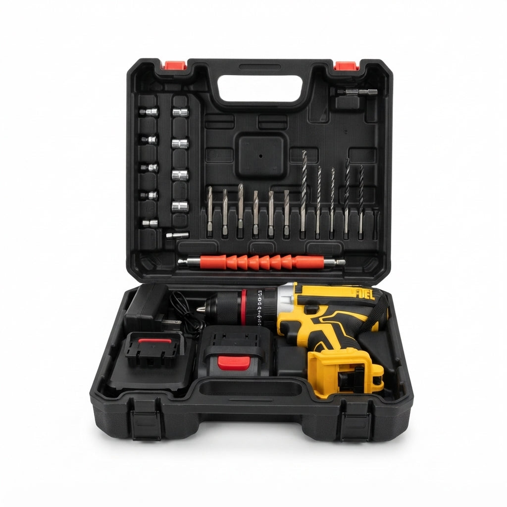 ¡Taladro Inalámbrico + 2 baterías + Kit de 34 Accesorios! Tu Taller Completo en una Caja.