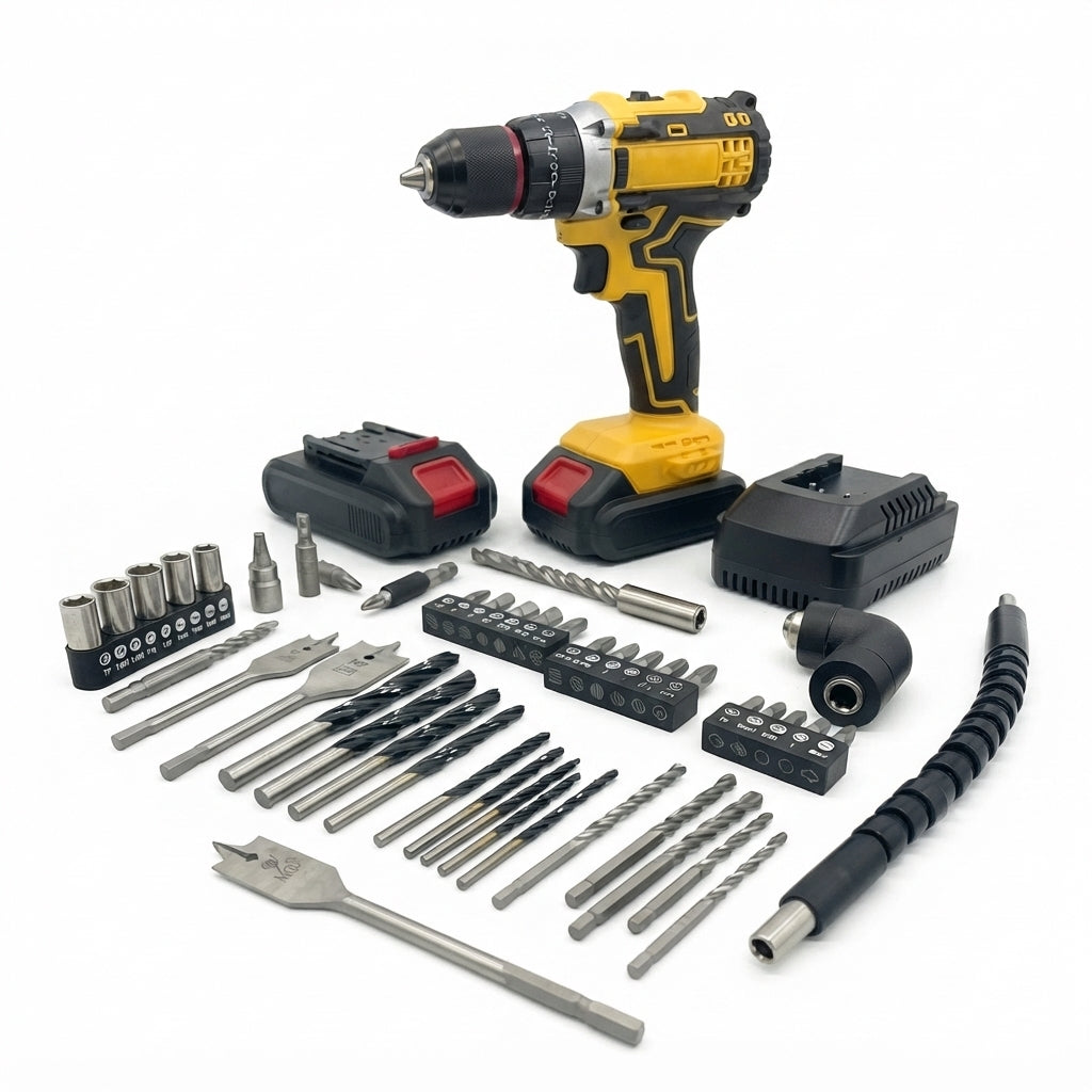 ¡Taladro Inalámbrico + 2 baterías + Kit de 34 Accesorios! Tu Taller Completo en una Caja.