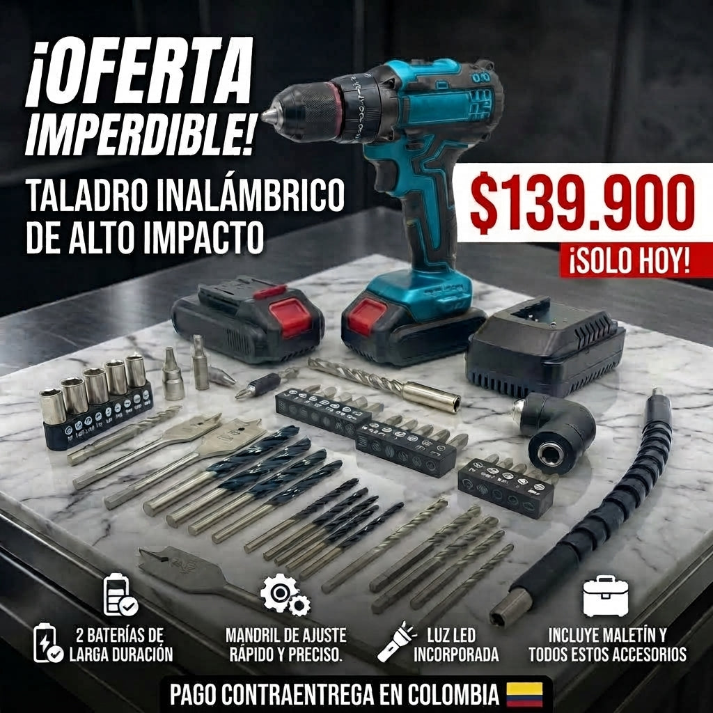 ¡Taladro Inalámbrico + 2 baterías + Kit de Accesorios! Tu Taller Completo en una Caja.