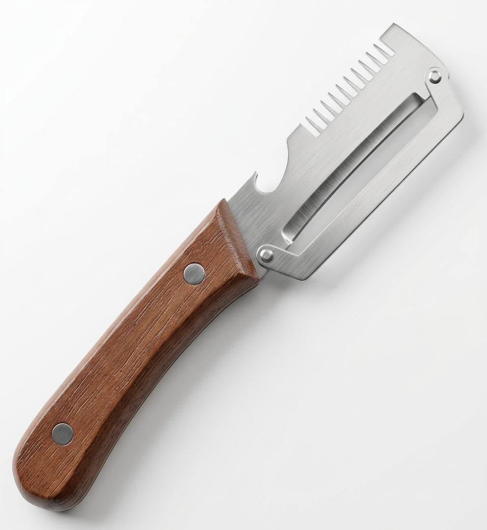 Cuchillo Pelador Multiusos 3 en 1 – Cortador de Verduras, Pelador y Abrebotellas con Mango de Madera 🔪
