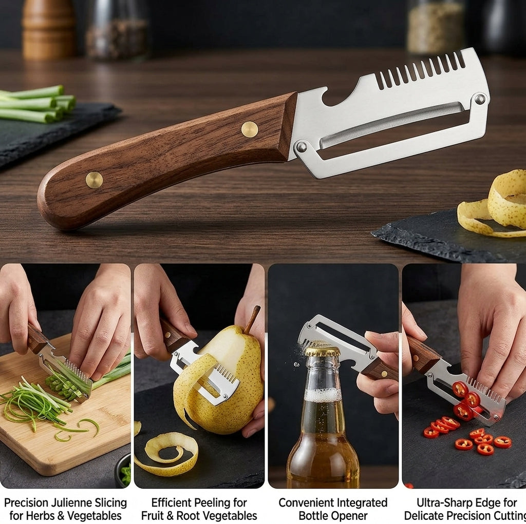 Cuchillo Pelador Multiusos 3 en 1 – Cortador de Verduras, Pelador y Abrebotellas con Mango de Madera 🔪